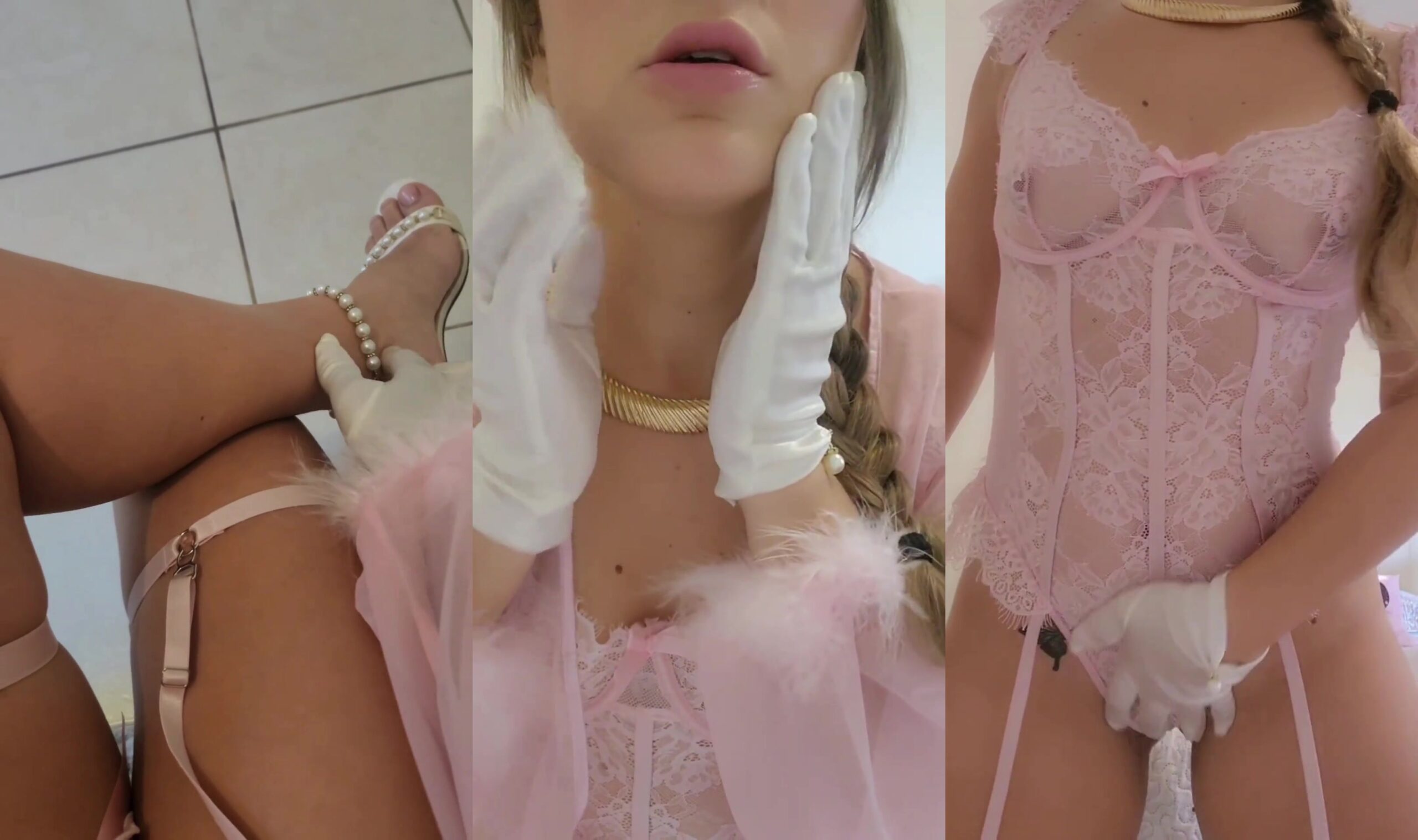 Bucetuda de lingerie rosa na dedada de xoxota linda carnuda