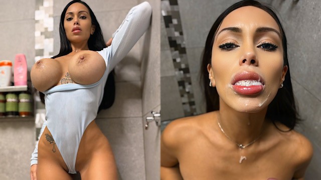 Celebridade bem gata morena de peitões tirando porra da piroca